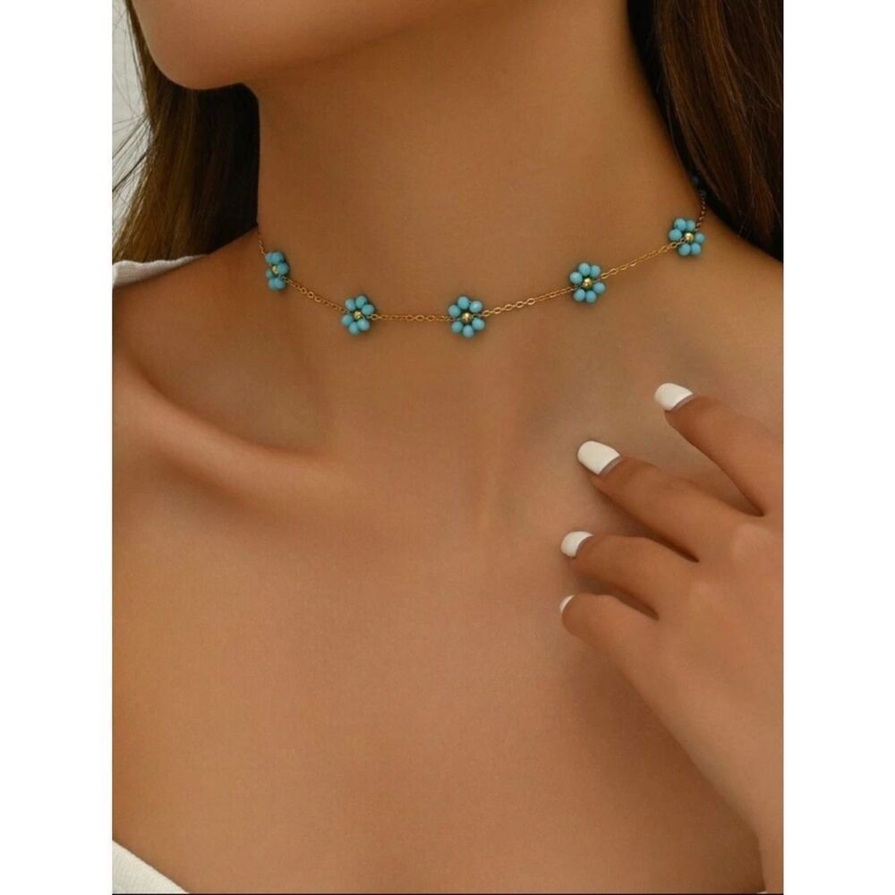 Gold blue Flower Necklace A1786